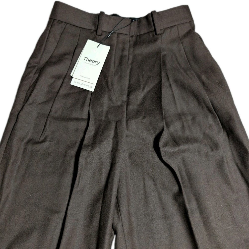 Theory Double Pleat Pants Womens 00 Cacao Brown Virgin Wool Wide Leg O0801202 - Picture 6 of 11